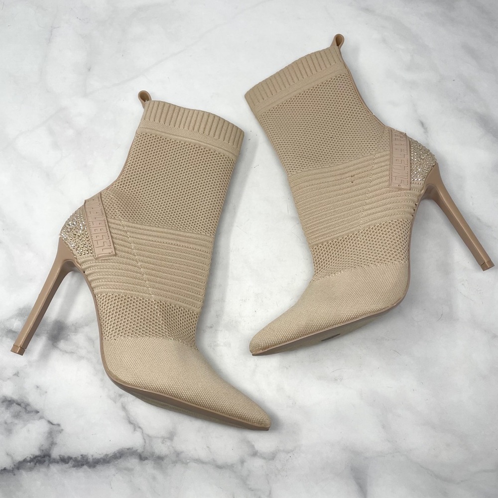 NEW Steve Madden Maxwelle Pointed Jeweled Bling Heeled Ankle Sock Booties Nude - Picture 4 of 11